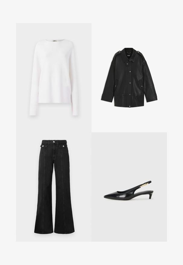 Musta nahkatakki, jossa on leveä kaulus, nepparikiinnitys ja sivutaskut. Yksityiskohtia ovat olkaepauletit ja näkyvät tikkauskohdat.; Valkoinen pitkähihaisessa paidassa on pyöreä kaula-aukko. Se on valmistettu sileästä, kevyestä kankaasta. Hieman väljä malli, jossa on yksinkertaisia ja siistejä linjoja.; Mustat farkkukangas leveälahkeiset housut, joissa on korkea vyötärö, kaksi etutaskua, hopeasävyiset yksityiskohdat ja näkyvät saumarivistöt edessä.; Mustat nahkaiset slingback-korkokengät, joissa on terävä kärki, ohuet korot ja kultasävytteinen yksityiskohta säädettävässä hihnassa. Silkkinen pinta.