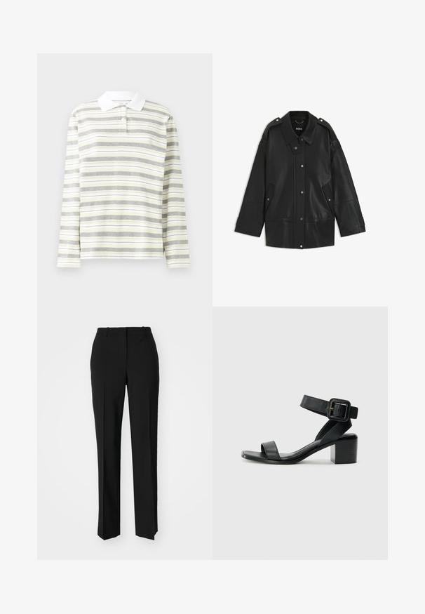 Sort læderjakke med bred krave, trykknaplukning og sidelommer. Detaljerne inkluderer skulderbetræk og synlige sømme.; Langærmet polo skjorte i letvægtig bomuldsblanding, med lodrette skiftende striber i grå, gul og hvid. Hvid krave og tre knapper.; Sorte skræddersyede bukser med lige ben-design, der har en glat tekstur og skarpe folder langs fronten. Ingen synlige hardware.; Sort læder hælet sandal med justerbar ankelrem, åben tå design og firkantet blokhæl. Glat tekstur, minimalistisk stil.