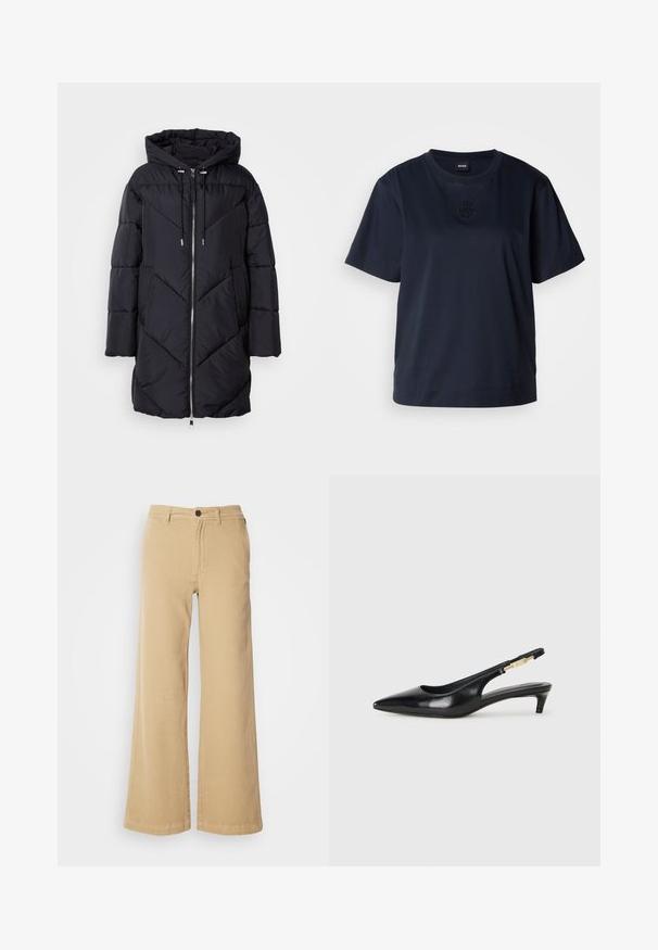 Črno zimsko jakno s kapuco, ki ima zadrgo in kotno prešito vzorčenje. Material ima gladko, sijočo teksturo.; Temno modra kratka majica s kratkimi rokavi, izdelana iz mehke bombažne tkanine. Ima okroglo ovratnico in subtilno vezeno logo na prsih.; Bež hlače širokega kroja iz bombažne mešanice, z sprednjim gumbom, zankami za pas in šivanim detajlom ob šivih.; Črne usnjene sandale na peto z ostro konico, ki imajo tanko peto in zlat ton na nastavljivem traku. Gladka tekstura.