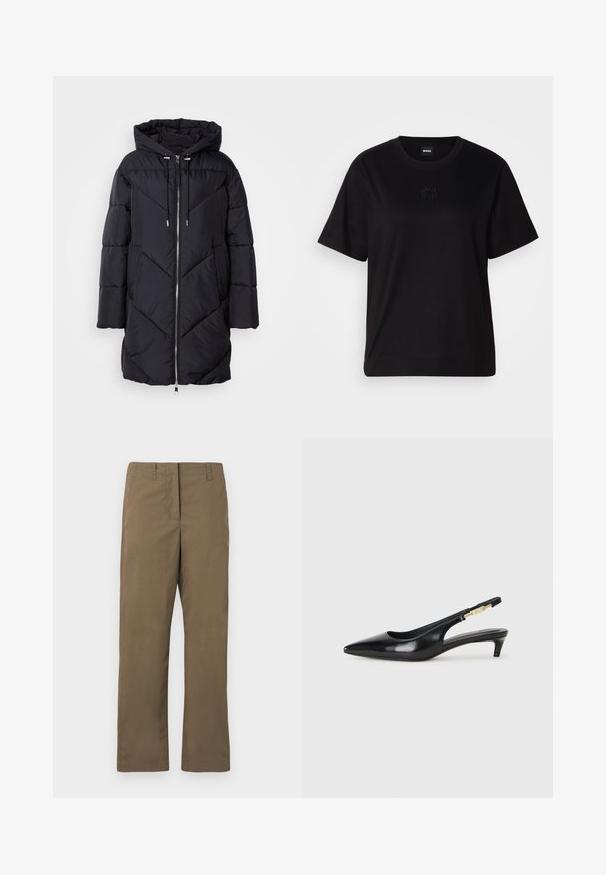 Melna pūkaina jaka ar kapuci, ar rāvējslēdzēju un stūrainu izšuvumu. Materiāls ir gluds, spīdīgs.; Melna kokvilnas T-krekls ar apaļu izgriezumu, īsām piedurknēm un izšūtu logotipu uz krūtīm. Vienkāršs, brīvs piegriezums bez rakstiem.; Brūnas taisnas kājas bikses, kas izgatavotas no kokvilnas maisījuma auduma. Iekļauj jostas cilpas, priekšējo kabatu un gludu tekstūru bez rakstiem.; Melnas ādas slingback zābaki ar smailu purngalu, ar šauru papēdi un zelta krāsas akcentu uz regulējama siksniņas. Gluda tekstūra.