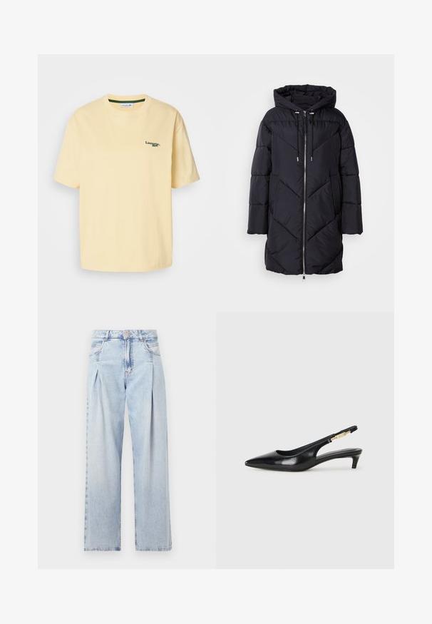 Melna pūkaina jaka ar kapuci, ar rāvējslēdzēju un stūrainu izšuvumu. Materiāls ir gluds, spīdīgs.; Dzeltena kokvilnas T-krekls ar brīvu piegriezumu, īsām piedurknēm un zaļu izšūtu logo kreisajā krūtīs. Gluda tekstūra, apaļā kakla izgriezums.; Gaiši zilas džinsu bikses ar augstu jostasvietu, plats kāju griezumu, divām sānu kabatām un krokotā dizaina akcentiem. Mīksta tekstūra ar izdilušu apdari.; Melnas ādas slingback zābaki ar smailu purngalu, ar šauru papēdi un zelta krāsas akcentu uz regulējama siksniņas. Gluda tekstūra.