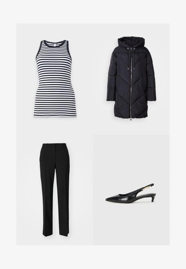 Juodas pūkinis paltas su kapišonu, turintis užtrauktuką ir kampuotą siuvinėtą raštą. Medžiaga yra lygi, blizgi.; Navy ir baltos juostelės be rankovių marškinėliai su apvalia iškirpte ir audiniu su briaunomis, turintys prigludusį dizainą.; Juodi pritaikyti kelnių modeliai su tiesiomis kojomis, pasižyminčios lygiomis tekstūromis ir ryškiomis klostėmis priekyje. Nėra matomų detalių.; Juodas odinis pavasario batelių modelis su smailiu nosiu, turintis siaurą kulniuką ir auksinės spalvos akcentu reguliuojamoje juostoje. Lygi tekstūra.