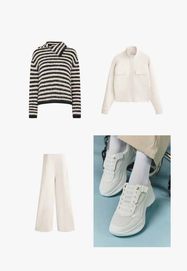 Giacca color avorio realizzata in un tessuto morbido, con collo alto, due tasche frontali e polsini a costine per una silhouette strutturata e moderna.; Maglione a righe con colletto. Realizzato in un morbido tessuto testurizzato con righe grigie scure e crema. Vestibilità rilassata con maniche lunghe.; Pantaloni a gamba larga in un morbido tessuto crema. Presentano un'alta vita, tagli dritti e cuciture evidenti lungo le cuciture. Nessuna tasca visibile.; Sneaker bianchi realizzati in materiale a rete, suola in gomma, design senza lacci con bande elastiche e dettagli in tonalità oro.