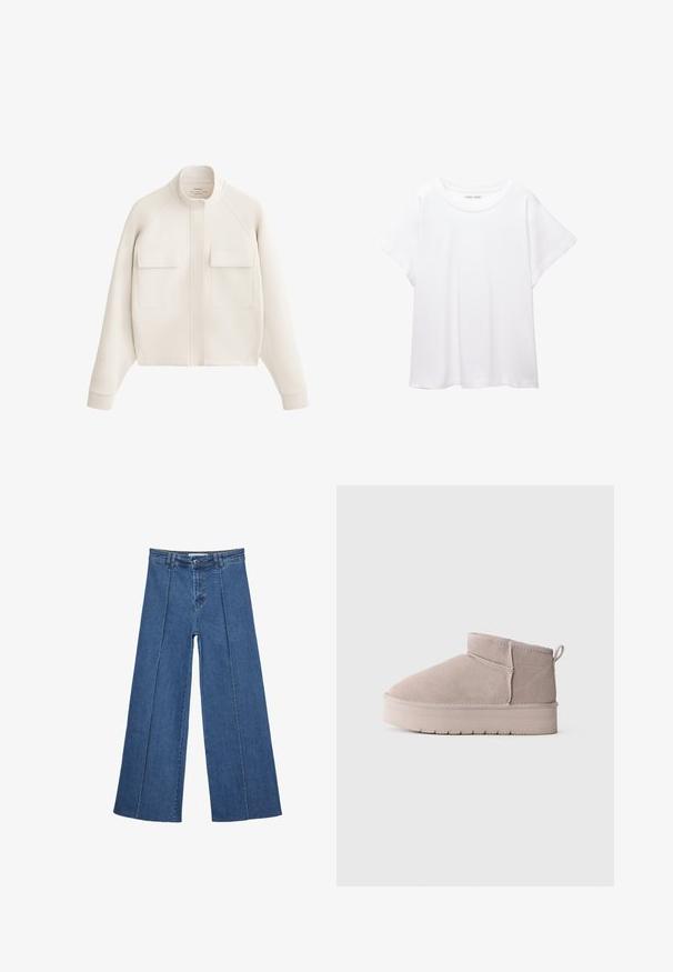 Off-white jakke lavet af blødt stof, med høj krave, to frontlommer og ribkanter for en struktureret, moderne silhuet.; Hvid T-shirt lavet af blødt, let stof. Har en rund halsudskæring og korte, brede ærmer med en afslappet pasform. Ingen synlige mønstre.; Bredde ben denim jeans i mellemblå, med høj talje, knaplukning og kontrasterende lodrette sømdetaljer foran.; Lavskåret beige ruskinds vinterstøvle med tyk sål og bageste trækflap på ensfarvet hvid baggrund, vist i sideprofil.