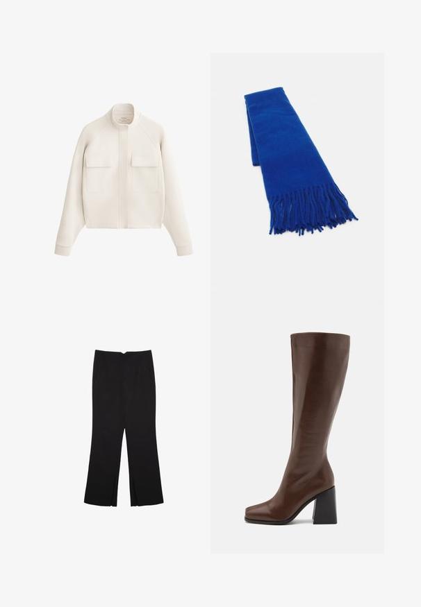 Veste couleur blanc cassé en tissu doux, avec un col haut, deux poches avant et des poignets côtelés pour une silhouette moderne et structurée.; T-shirt en coton blanc, à manches courtes, col rond, coupe décontractée, texture lisse, sans motifs ni accents, design simple, style polyvalent.; Pantalon noir avec une coupe droite, doté de poches avant et d'éclairs sur l'ourlet. Fabriqué en tissu doux et lisse. Convient à diverses occasions.; RAID RENZO - Bottes - brown; Écharpe tissée bleue avec des extrémités à franges, texture lisse, forme rectangulaire et couleur uniforme. Convient pour les temps froids.