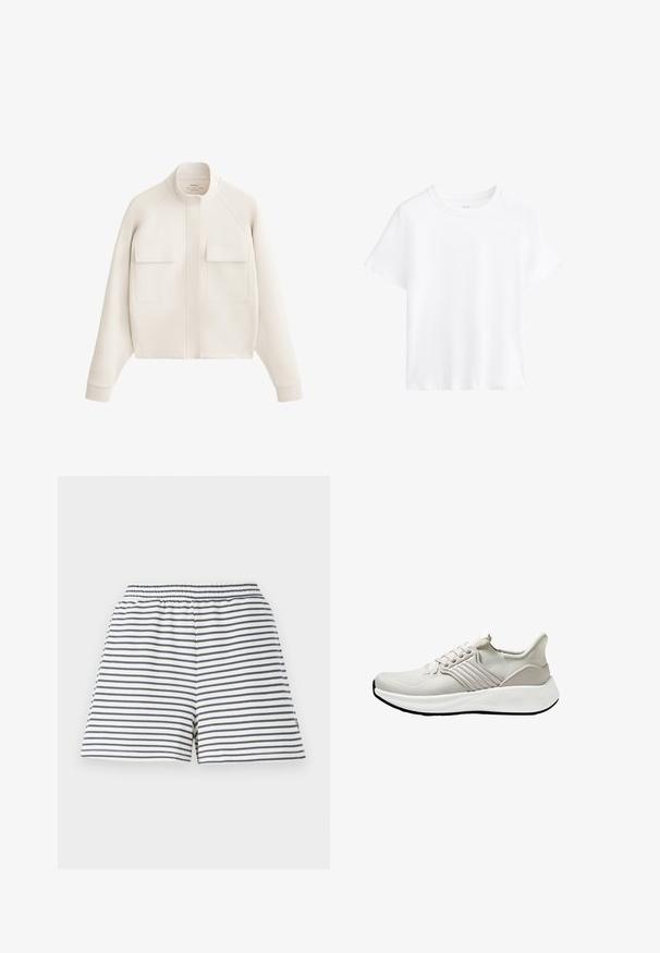 Jachetă alb-crem dintr-un material moale, cu guler înalt, două buzunare frontale și mansete ribbed pentru o siluetă modernă, structurat.; Tricou alb din bumbac, cu mâneci scurte, decolteu rotund, croială lejeră, textură netedă, fără modele sau accente, design simplu, stil versatil.; Pantaloni scurți cu dungi, având o schemă de culori albă și albastră marin, betelie elastică, material moale din bumbac și o croială lejeră.; Șosetă sport ușoară din material de plasă bej cu un finisaj texturat, având o talpă albă și accente laterale tonale. Design simplu cu șireturi.