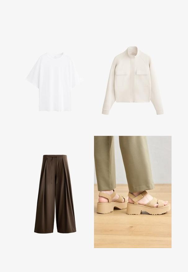 Off-white jakna iz mehkega blaga, z visokim ovratnikom, dvema sprednjima žepoma in rebrastimi manšetami za strukturirano, sodobno silhueto.; Bela oversajana majica iz bombaža, z kratkimi rokavi, okroglim izrezom in gladko teksturo. Brez vzorcev ali dodatkov.; Rjav hlače širokih nogavic iz teksturirane tkanine, z elastičnim pasom na vrvico in sprednjimi pregibi.; Bež semiš platforme sandale z širokimi trakovi in debelim podplatom. Imajo nastavljiv hrbtni trak in teksturirano podlago za boljši oprijem.