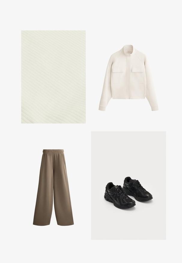 Cremefarbene Jacke aus weichem Stoff mit hohem Kragen, zwei vorderen Taschen und gerippten Bündchen für eine strukturierte, moderne Silhouette.; Heller, gerippter Stoff mit einer soften Textur, der horizontale Linien aufweist, die ein dezentes Muster bilden. Das Material erscheint leicht und flexibel.; Braune Cargohosen mit weitem Bein und elastischem Bund, aus glattem Stoff gefertigt, mit seitlichen Taschen und einem geraden, lockeren Schnitt.; Schwarze Sportschuhe aus Mesh- und synthetischen Materialien. Sie verfügen über eine gepolsterte Sohle, strukturierte Muster und geprägte Markenzeichen an der Seite.