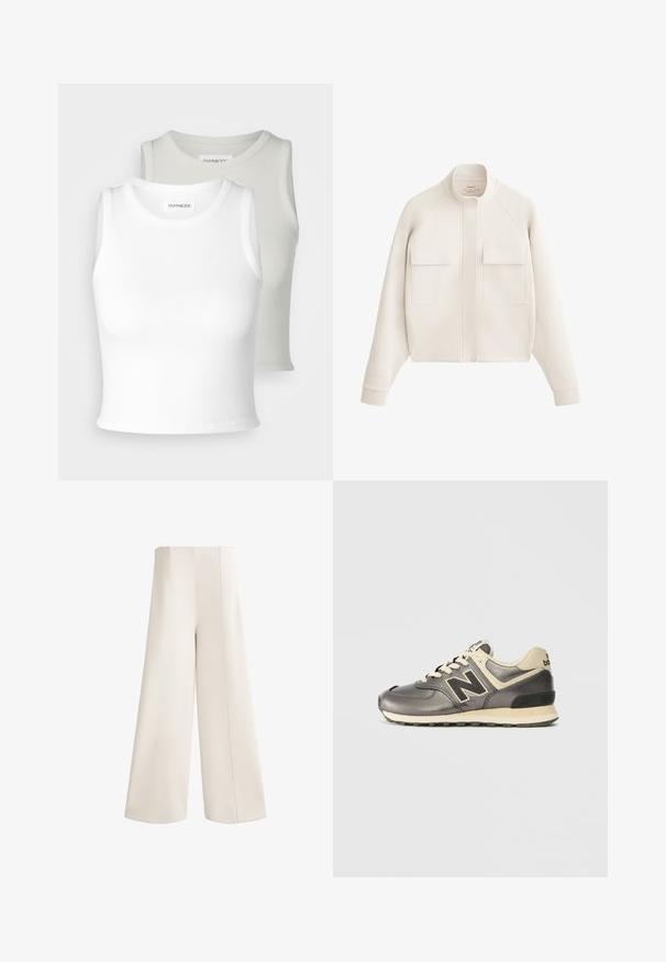 Off-white jakna iz mehkega blaga, z visokim ovratnikom, dvema sprednjima žepoma in rebrastimi manšetami za strukturirano, sodobno silhueto.; Even&Odd Petite 2 PACK - Top - off-white/beige; Širše hlače iz mehkega kremnega blaga. Imajo visok pas, ravne kroje in izrazito šivanje ob šivih. Žepov ni vidno.; Sivi in bež New Balance sneaker z črnim logotipom "N", s vezalkami in teksturiranim podplatom na belem ozadju.