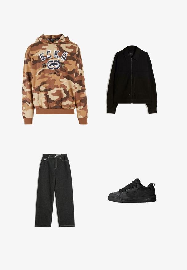 Čierna bundová mikina so zipsom a golierom, dvoma prednými vreckami a dlhými rukávmi. Vyrobená z textúrovanej látky so štruktúrovaným dizajnom.; Hnedý maskáčový mikina s predným vreckom, elastickými manžetami a lemom. Obsahuje biele grafické písmená "ECKŌ 1972" a dizajn loga. Mäkkučký textilný povrch.; Čierne rovné džínsy s bielym prešívaním, designom s piatimi vreckami, zapínaním na gombík a zips, a malým logom na pravom prednom vrecku.; Čierne tenisky s textúrovaným zvrškom, s šnúrkami, sieťovinovými akcentmi pre priedušnosť, polstrovaným golierom a pevnou podošvou.