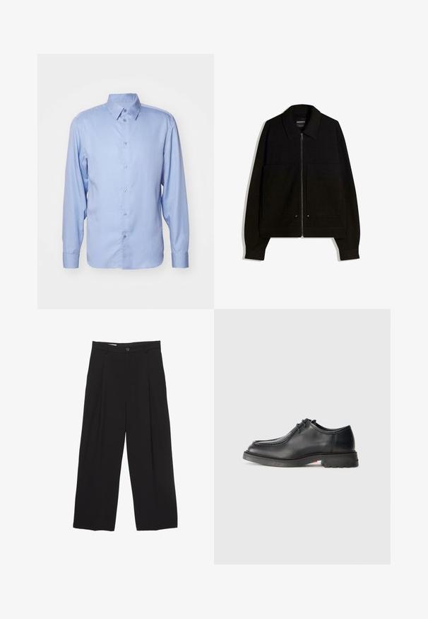 Musta vetoketjullinen takki, jossa on kaulus, kaksi etutaskua ja pitkät hihat. Valmistettu tekstuuristetusta kankaasta, jossa on jämäkkä muotoilu.; Vaaleansininen pitkähihainen paita, joka on valmistettu sileästä kankaasta. Paidassa on klassinen kaulus, nappilista ja muotoiltu istuvuus, jossa on napitettu hihansuu.; Mustat väljät housut, jotka on valmistettu sileästä kankaasta ja joissa on litteä vyötärö, etupleaatit ja yksi nappisulku.; Musta nahkasaapas, jossa on sileä pinta, pyöreä kärki ja matala kohokuvioitu ommel. Paksu kumipohja, jossa on pieni kantapää ja pitävä kuvio.