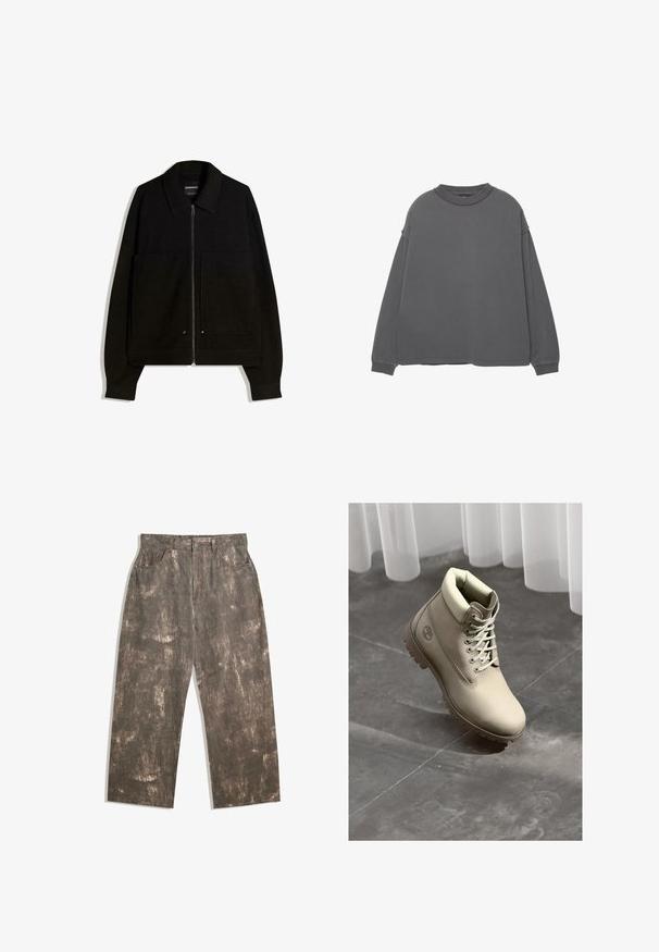 Musta vetoketjullinen takki, jossa on kaulus, kaksi etutaskua ja pitkät hihat. Valmistettu tekstuuristetusta kankaasta, jossa on jämäkkä muotoilu.; Harmaa pitkähihaisessu hoodie, jossa on pyöreä kaula-aukko, laskettu olkalinja ja cuffi-hihat. Pehmeä pinta, minimalistinen muotoilu ja ei näkyviä kuvioita.; Ruske farkkuhousut, joissa on haalistunut ja kulunut kuvio. Rentokuriset, joissa on viisi taskua ja edessä nappikiinnitys.; Beige tyyliset työkengät, joissa on nauhakuutie, pehmustettu kaulus ja paksu pohja harmaalla laattalattialla valkoisten läpikuultavien verhojen alla.