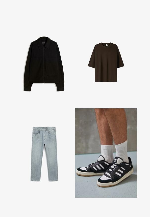 Černá zipovací bunda s límcem, dvěma předními kapsami a dlouhými rukávy. Vyrobena z texturované tkaniny se strukturovaným designem.; Hnědé oversize tričko vyrobené z měkké bavlny. Má kulatý výstřih a krátké, široké rukávy. Jednoduchý, nezdobený design a hladká textura.; Svetle modré džíny vyrobené z denimu, rovného střihu, s pěti kapsami a viditelným zapínáním na knoflík a zip. Hladký povrch s mírným vyblednutím.; Černobílé tenisky s vrchní částí z semišové a kožené kůže, včetně tří bílých pruhů, perforovaného špičky a podrážky z gumy.