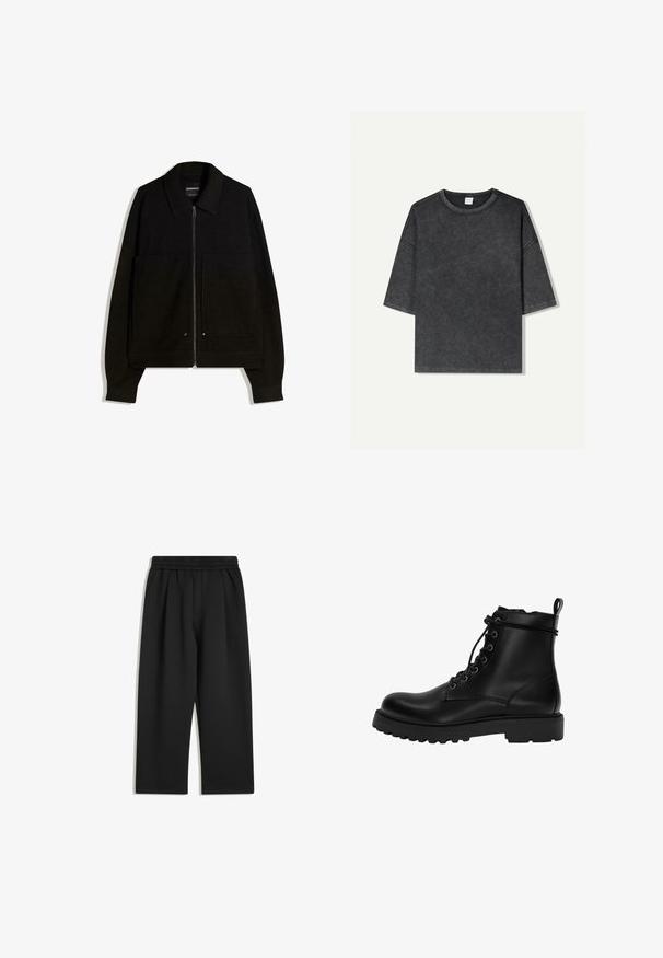 Crna jakna na zip s ovratnikom, dva prednja džepa i dugim rukavima. Izrađena od teksturiranog materijala s strukturiranim dizajnom.; Prevelika majica kratkih rukava u tamnosivoj boji, napravljena od pamuka. Ima okrugli ovratnik i vidljivo šivanje duž rubova.; Crne hlače širokih nogavica s elastičnim pojasom i bočnim džepovima, prikazane ravno na bijeloj pozadini.; Crne kožne čizme do gležnjeva sa vezicama, sa debelim robusnim potplatom i petnom trakom.