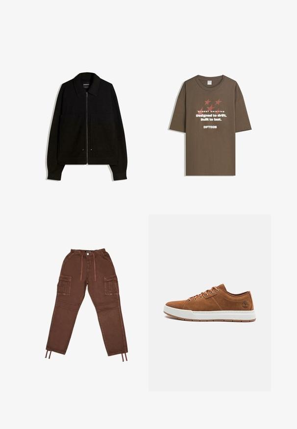 Zwart zip-up jack met een kraag, twee voorzakken en lange mouwen. Gemaakt van een textiele stof met een gestructureerd ontwerp.; Bruine katoenen T-shirt met korte mouwen, voorzien van grafische tekst en sterren in contrasterende kleuren. Rechte snit met een ronde hals.; Bruine cargobroek met een elastische tailleband, twee grote zijzakken, verstelbare zoom met trekkoord en een gladde textuur. Voorzien van een knoopsluiting.; Bruine suède sneakers met een witte rubberen zool, ronde neus, zes metalen veterogen en een reliëflogo detail aan de zijkant. Klassiek vetersluiting ontwerp.