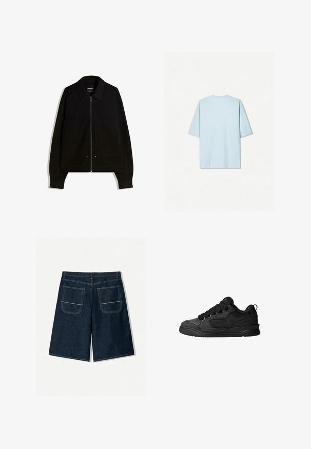 Black zip-up jacket with a collar, two front pockets, and long sleeves. Made from a textured fabric with a structured design.; Light blue cotton t-shirt with a crew neckline, short sleeves, and a simple back design featuring a small horizontal seam detail.; Dark blue denim shorts with a loose fit, featuring two back pockets with contrasting stitching. Straight cut and knee-length design.; Black sneakers with a textured upper, featuring laces, mesh accents for breathability, padded collar, and a sturdy outsole.