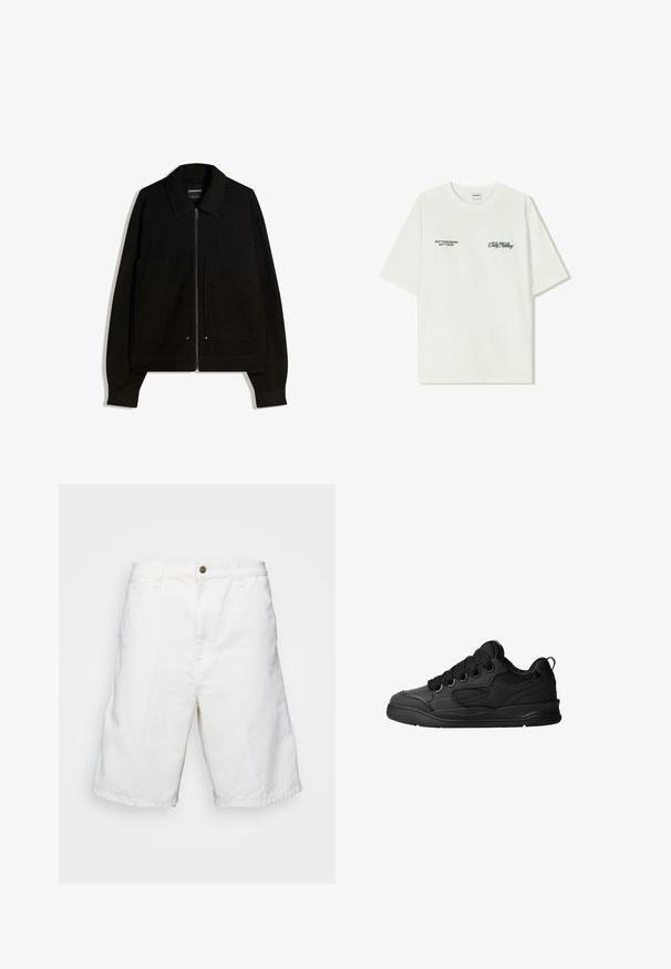 Zwart zip-up jack met een kraag, twee voorzakken en lange mouwen. Gemaakt van een textiele stof met een gestructureerd ontwerp.; Witte katoenen T-shirt met korte mouwen. Aan de voorkant staat in zwarte tekst: "NIET MORGEN NIET VANDAAG" en "DE KUNST VAN VUIL VERPLAATSEN" in groene cursieve letters.; Witte katoenen shorts met een rechte snit, voorzien van een knoopsluiting en riemlussen, een gladde textuur en een knielange design.; Zwarte sneakers met een gestructureerde bovenkant, voorzien van veters, mesh-details voor ademend vermogen, een gevoerd kraagje en een stevige zool.