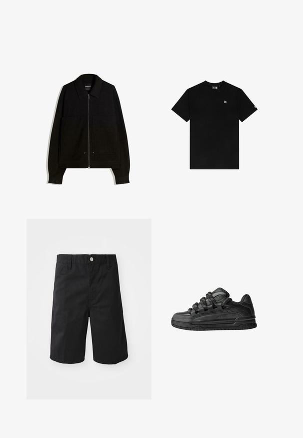 Black zip-up jacket with a collar, two front pockets, and long sleeves. Made from a textured fabric with a structured design.; Black cotton t-shirt with a crew neck, short sleeves, featuring a small white logo on the left chest and no additional patterns or accents.; Black cotton shorts featuring a straight cut, belt loops, a metal button closure, and no visible patterns or accents.; Black sneakers with a smooth leather upper, textured accents, and round black and white laces. Thick rubber sole with a patterned tread.