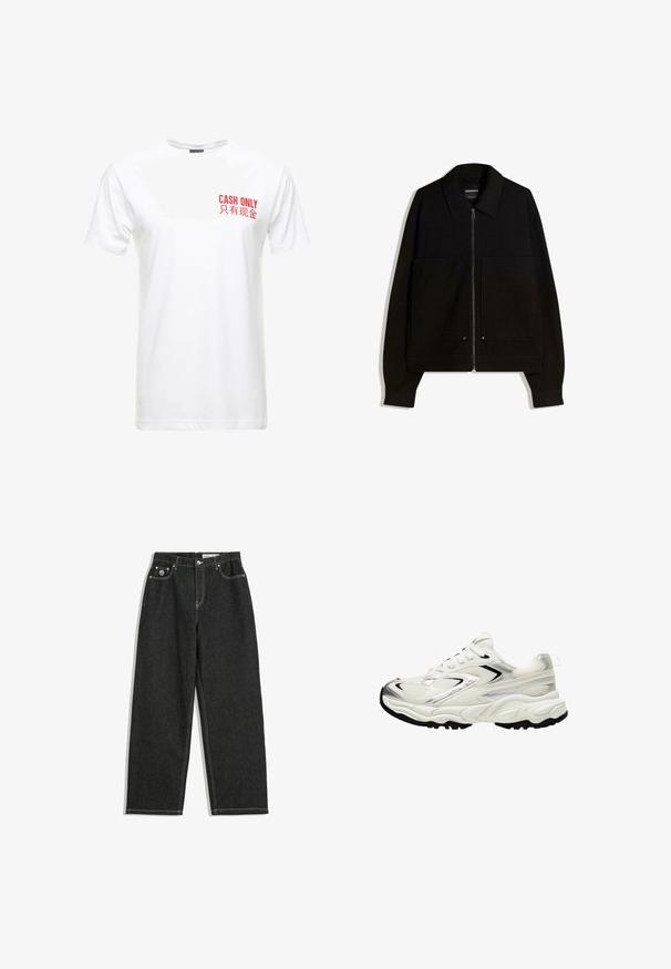 Čierna bundová mikina so zipsom a golierom, dvoma prednými vreckami a dlhými rukávmi. Vyrobená z textúrovanej látky so štruktúrovaným dizajnom.; Biela bavlnená tričko s krátkymi rukávmi, s červeným potlačeným textom na ľavej prednej strane s nápisom "LEN HOTOVOSŤ" a jeho čínskym ekvivalentom.; Čierne rovné džínsy s bielym prešívaním, designom s piatimi vreckami, zapínaním na gombík a zips, a malým logom na pravom prednom vrecku.; Biele tenisky s hornou časťou z mriežky, striebornými detailmi, čiernou podrážkou a textúrovanými panelmi. Majú šnurovací dizajn a zaoblený tvar špičky.