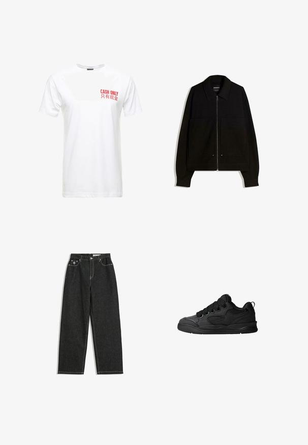 Musta vetoketjullinen takki, jossa on kaulus, kaksi etutaskua ja pitkät hihat. Valmistettu tekstuuristetusta kankaasta, jossa on jämäkkä muotoilu.; Valkoinen puuvillainen t-paita lyhyillä hihoilla, jossa on punainen painatus vasemmassa rinnassa lukien "CASH ONLY" ja sen kiinalainen vastine.; Mustat suorat farkut valkoisella ompelella, viisi taskua, nappi- ja vetoketjukiinnitys sekä pieni logo etu-oikeassa taskussa.; Mustat tennarit, joissa on teksturoitu päällyspinta, nauhat, verkkokohdat hengittävyyttä varten, pehmeä kaulus ja kestävä pohja.