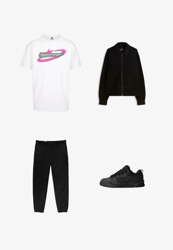 Schwarze Kapuzenjacke mit Reißverschluss, einem Kragen, zwei Fronttaschen und langen Ärmeln. Hergestellt aus einem strukturierten Stoff mit einem formvollen Design.; Weißes Baumwoll-T-Shirt mit einem großen grau-rosa "Speed"-Grafikdruck auf der Vorderseite, der ein Stern- und Orbit-Design zeigt.; Schwarze Hose mit elastischem Bund und Kordelzug, tapered Beinen, Seitentaschen und subtilen seitlichen Stickdetails. Weicher Baumwollstoff.; Schwarze Sneaker mit strukturiertem Obermaterial, ausgestattet mit Schnürsenkeln, Mesh-Akzenten für Atmungsaktivität, gepolstertem Kragen und einer stabilen Laufsohle.