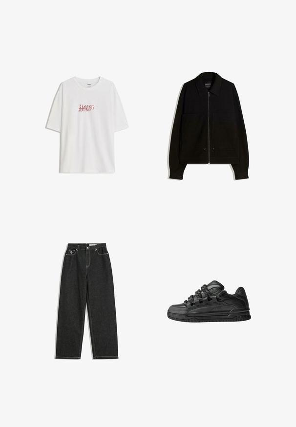 Black zip-up jacket with a collar, two front pockets, and long sleeves. Made from a textured fabric with a structured design.; White cotton t-shirt with a relaxed fit featuring red "HEART struck" text centered on the chest. Short sleeves and round neck design.; Black straight-leg jeans with white stitching, five-pocket design, button and zipper closure, and a small logo on the front right pocket.; Black sneakers with a smooth leather upper, textured accents, and round black and white laces. Thick rubber sole with a patterned tread.