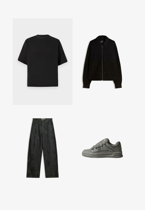 Schwarze Kapuzenjacke mit Reißverschluss, einem Kragen, zwei Fronttaschen und langen Ärmeln. Hergestellt aus einem strukturierten Stoff mit einem formvollen Design.; Schwarzes T-Shirt mit kurzen Ärmeln in lockerer Passform, aus glattem Baumwollmaterial, mit rundem Ausschnitt und minimalistischem Design.; Dunkelblaue Jeans mit lockerer Passform, mit subtiler vertikaler Struktur, gelben Nähten, fünf Taschen und klassischem Knopfverschluss.; Grau Sport-Schuh mit strukturiertem Leder- und Mesh-Obermaterial, dickem Gummisohle sowie auffälliger gepolsterter Zunge und Seiten. Schnürsenkel und seitliche Akzente inklusive.