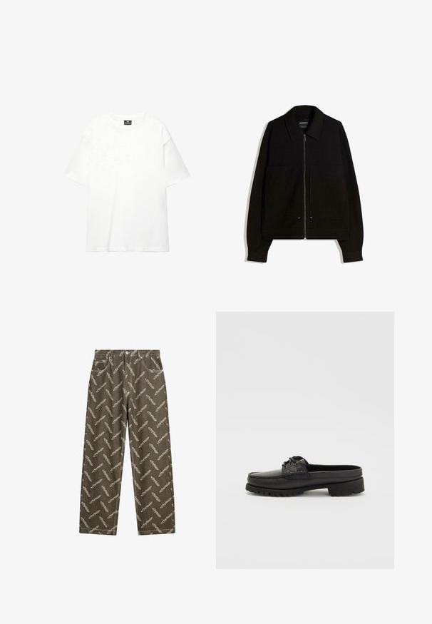 Čierna bundová mikina so zipsom a golierom, dvoma prednými vreckami a dlhými rukávmi. Vyrobená z textúrovanej látky so štruktúrovaným dizajnom.; Biela oversize tričko vyrobené z jemnej, hladkej bavlny; má krátke rukávy, okrúhly výstrih a čistý, neupravený dizajn.; Khaki denimové nohavice s celoplošným motívom pierok v svetlej béžovej farbe. Voľný strih so štandardnými vreckami a detailmi kontrastného stehu.; Čierne kožené poltopánky bez viazania s detailom šnúrky, zaoblenou špičkou a textúrovanou podrážkou. Majú mierne zvýšený opätok a hladký povrch.