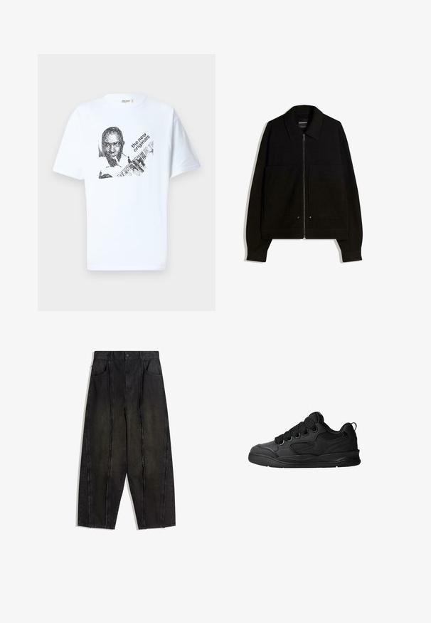 Črna jakna na zadrgo s ovratnikom, dvema sprednjima žepoma in dolgimi rokavi. Narejena iz teksturirane tkanine s strukturirano zasnovo.; Bela bomba majica iz bombaža z načinom črno grafiko osebe in besedilom "novi originali" v nagnjenem fontu. Kratki rokavi, okrogla ovratnica.; Črne široke jeans hlače z vidnimi šivi in razpršenimi robovi, ki imajo dve sprednji žepi in visok pas.; Črne superge z teksturiranim zgornjim delom, opremljene z vezalkami, mrežastimi dodatki za zračnost, oblazinjenim ovratnikom in trdnim podplatom.