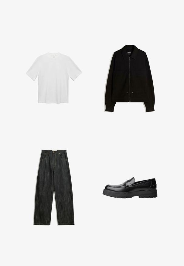 Musta vetoketjullinen takki, jossa on kaulus, kaksi etutaskua ja pitkät hihat. Valmistettu tekstuuristetusta kankaasta, jossa on jämäkkä muotoilu.; Valkoinen puuvillateepaita, jossa on pyöreä kaula-aukko, lyhyet hihat ja rento istuvuus. Sujuva rakenne, ei kuvioita tai koristeita. Yksinkertainen, klassinen muotoilu.; Tummansiniset farkut, joissa on löysä istuvuus, hienovarainen pystykudos, keltainen ommel, viisi taskua ja klassinen nappisulku.; Musta nahkainen loaferi, jossa on paksu urheilupohja ja koristeellinen hihna yläpääkkeellä, esitettynä vasemman sivuprofiilin kuvassa valkoista taustaa vasten.