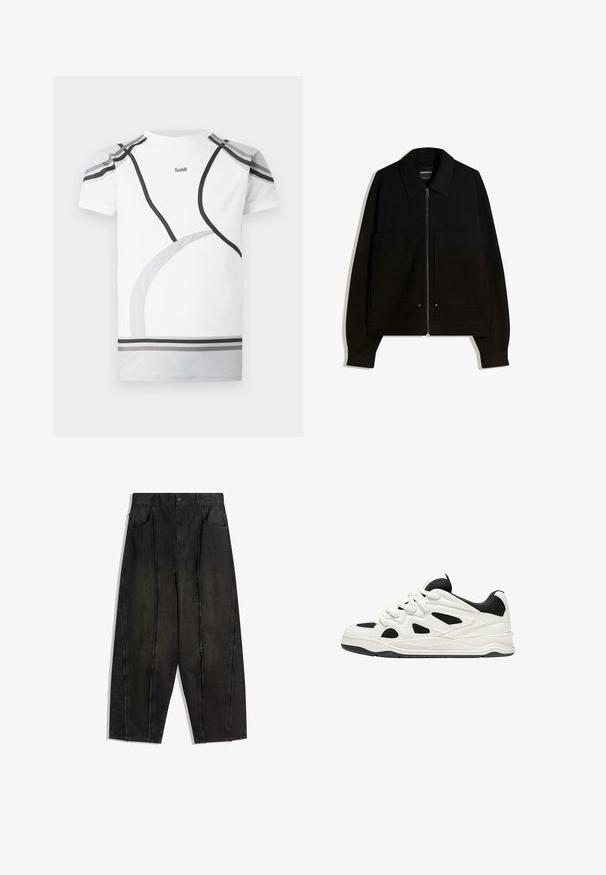 Czarna kurtka zapinana na zamek błyskawiczny z kołnierzem, dwoma przednimi kieszeniami i długimi rękawami. Wykonana z teksturowanej tkaniny o usztywnionym fasonie.; Biała koszulka sportowa z szaro-czarnymi zakrzywionymi akcentami, siateczkowymi panelami na ramionach oraz logo z tyłu. Zaprojektowana z myślą o dopasowanym kroju i komforcie.; Czarne szerokie spodnie dżinsowe z widocznymi szwami i postrzępionymi krawędziami, z dwoma przednimi kieszeniami i wysokim stanem.; Białe i czarne buty sportowe z teksturowaną podeszwą, z wyciętymi wzorami po bokach oraz sznurowadłami, a także wyściełanym tyłem dla wsparcia.
