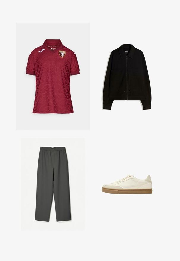 Čierna bundová mikina so zipsom a golierom, dvoma prednými vreckami a dlhými rukávmi. Vyrobená z textúrovanej látky so štruktúrovaným dizajnom.; Červený dres s jemným textúrovaným vzorom, ktorý má klasický golier a logo Torino FC na hrudi. Krátke rukávy a priedušná tkanina.; Tmavohnedé, vysoko pásové nohavice s širokými nohami vyrobené z ľahkej tkaniny. Elastický pás, bez viditeľných vzorov a bočné vrecká.; Biele kožené nízke tenisky s béžovými akcentmi a textúrovanou gumovou podrážkou. Obsahujú tónované švy a zaoblený tvar špičky.