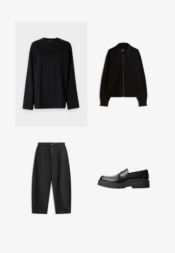 Black zip-up jacket with a collar, two front pockets, and long sleeves. Made from a textured fabric with a structured design.; Weekday OVERSIZED LONG SLEEVE - Long sleeved top - black; Black wide-leg trousers made of cotton, featuring a high waist, front pockets, and subtle stitching details. Smooth texture without patterns.; Black leather loafer with chunky treaded sole and decorative strap across the upper, shown in left side profile on white background.