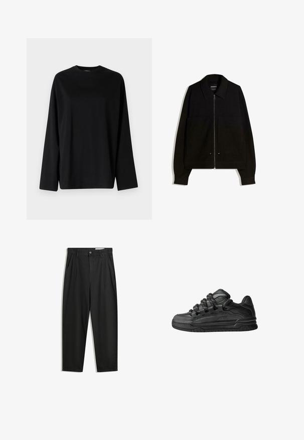 Czarna kurtka zapinana na zamek błyskawiczny z kołnierzem, dwoma przednimi kieszeniami i długimi rękawami. Wykonana z teksturowanej tkaniny o usztywnionym fasonie.; Weekday - Bluzka z długim rękawem; Czarne bawełniane spodnie o luźnym kroju, z klasycznym pasem, przednimi plisy oraz bocznymi kieszeniami. Gładka struktura, bez wzorów.; Czarne sneakersy z gładką skórzaną cholewką, teksturowanymi akcentami i okrągłymi czarno-białymi sznurowadłami. Gruba gumowa podeszwa z wzorzystym bieżnikiem.