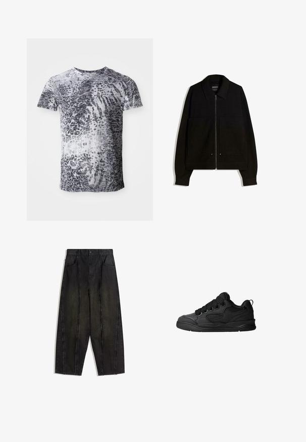 Fekete cipzáros dzseki gallérral, két elülső zsebbel és hosszú ujjal. Texturált anyagból készült, strukturált kialakítással.; Rövidujjú, szürke és fehér színű póló, leopárd mintával. Puha anyagból készült, kerek nyakú kialakítással.; Fekete, bőszárú farmernadrág, látható varrásokkal és rojtos szélekkel, két első zsebbel és magas derekú fazonnal.; Fekete sportcipő texturált felsőrésszel, fűzőkkel, légáteresztő hálós részletekkel, párnázott bokarésszel és tartós talppal.