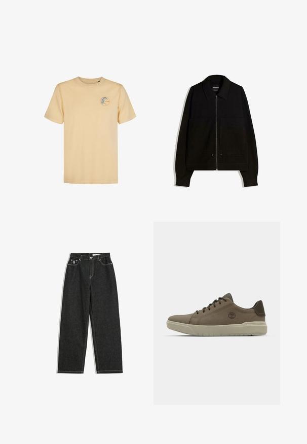 Svart zip-up jacka med krage, två framfickor och långa ärmar. Tillverkad av ett texturerat tyg med en strukturerad design.; Ljusgul bomulls t-shirt med rund halsringning. Har en cirkulär logotyp i blått och orange på vänster bröst. Kortärmad.; Svarta raka jeans med vita sömmar, fem-ficksdesign, knapp- och dragkedjestängning, samt en liten logotyp på den högra framfickan.; Bruna lädersneakers med låg profil, gummisula och gröna accenter; har logotyp på sidan och texturerade paneler för grepp.