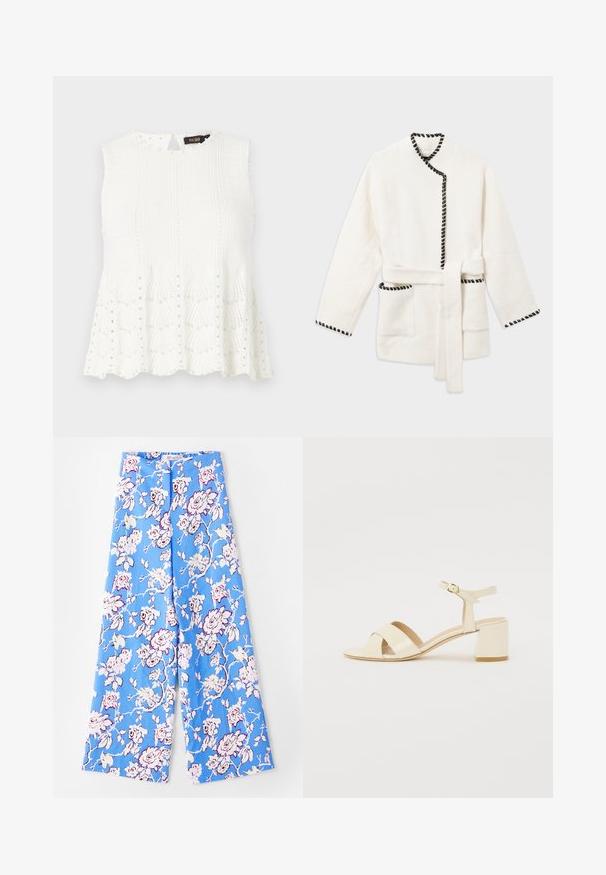 Bata de baño blanca con ribetes negros, con cinta en la cintura, mangas largas y dos bolsillos laterales en una tela suave y texturizada.; Maje MIPERLA - Top - blanc; Pantalones florales azules con un patrón de rosas en tonos pastel. La tela es suave, con un corte relajado, piernas anchas y una cinturilla elástica.; Sandalias de tacón de charol beige con diseño de tira cruzada, puntera abierta, correa ajustable en el tobillo y tacón cuadrado. Textura suave.
