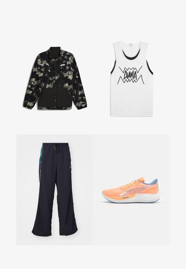Puma F1 STATEMENT - REVERSIBLE - Flīsa jaka - puma black aop; Balts bez piedurknēm T-krekls ar melniem akcentiem, centrā ar izteiksmīgu melnu "PUMA" grafiku, kas satur zigzaga dizainu.; Puma PLAY PARIS TRACK PANTS - Treniņtērpa apakšdaļas - black; Oranžs skriešanas apavu modelis ar sietveida augšdaļu, zilām akcentu detaļām un atstarojošām svītrām. Tam ir mīksts balts zole un teksturēta ārējā zole labākai saķerei.