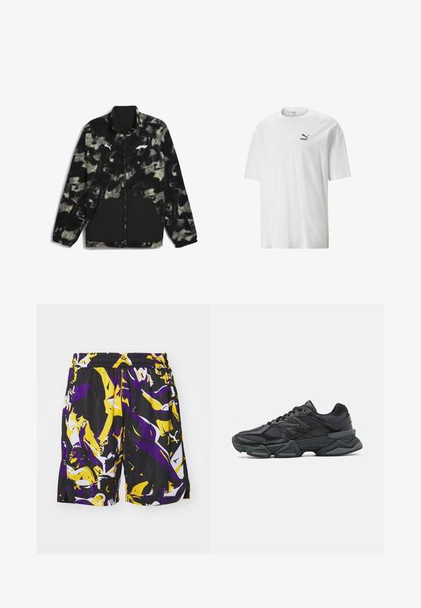 Puma F1 STATEMENT - REVERSIBLE - Fleecejakke - puma black aop; Hvid bomulds T-shirt med rund halsudskæring og korte ærmer. Har et lille sort Puma-logo på venstre bryst. Glat tekstur, afslappet pasform.; Mesh basketball shorts i sort med et dristigt, abstrakt mønster i lilla og gul. Elastisk talje; løs pasform; sidelufte.; Sorte løbesko med en blanding af mesh og syntetiske materialer, kraftig sål, buet design og fremtrædende branding på siden.