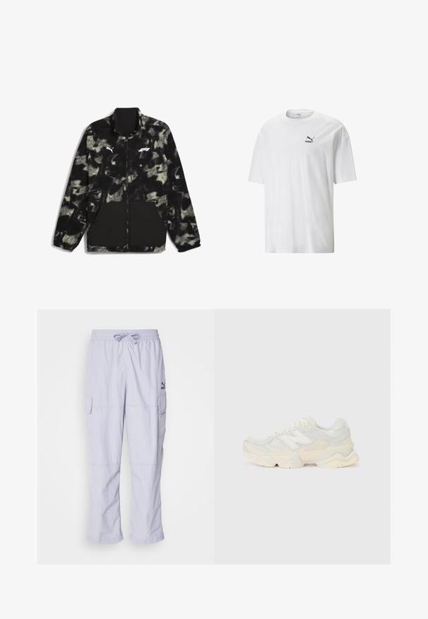 Puma F1 STATEMENT - REVERSIBLE - Fleecetakki - puma black aop; Valkoinen puuvillapaita, jossa on pyöreä kaula-aukko ja lyhyet hihat. Vasemmassa rinnassa on pieni musta Puma-logo. Mukava pinta, rento malli.; Vaalean violetit cargo-housut, joissa on joustava vyötärö, nyöri ja sivutaskut. Materiaali näyttää sileältä ja housut ovat rentoa mallia suorin lahkeineen.; Kevyt lenkkari, jossa on verkko- ja mokkanahkapinta pehmeissä kerman sävyissä, chunky-pohja ja kolmiulotteiset yksityiskohdat.