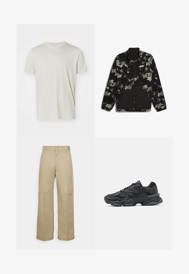Puma F1 STATEMENT - REVERSIBLE - Fleecejakke - puma black aop; Lys beige kortermet t-skjorte med teksturert overdel og "PUMA"-logo i oransje på venstre side. Normal passform med rund hals.; Beige vide bukser laget av robust stoff, med høy midje, synlige sømmer og et lite logomerke på siden.; Svart løpesko med en blanding av mesh og syntetiske materialer, chunky såle, buet design og fremtredende merkevare på siden.