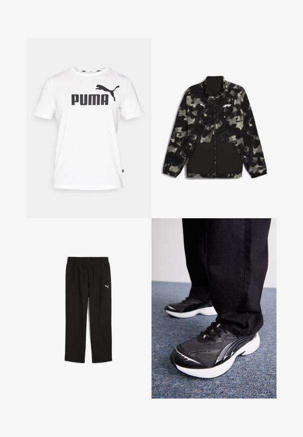 Puma F1 STATEMENT - REVERSIBLE - Fleecejacka - puma black aop; Vit bomull t-shirt med en stor svart "PUMA" logotyp och en svart pumas Silhuett på vänster axel. Kort ärm, rund hals.; Svarta träningsbyxor med elastiskt midjeband, tillverkade av lätt material. Har en liten vit Puma-logotyp på vänster sida.; Svarta sportskor med nätmaterial, vit sula och svarta detaljer. Sula med textur. Bärs med svarta byxor på en blåmatta.