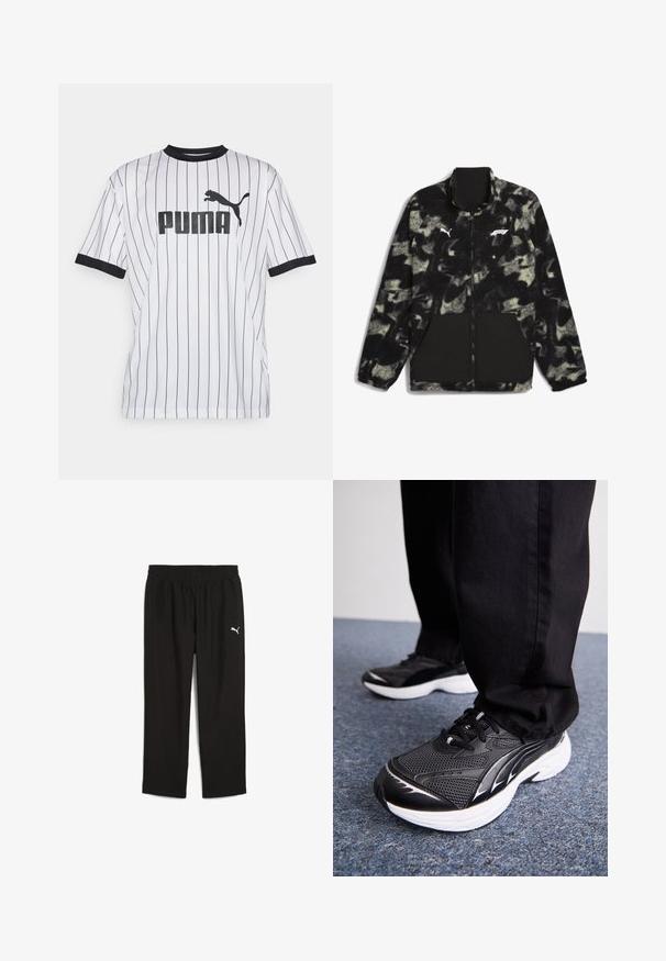 Puma F1 STATEMENT - REVERSIBLE - Fleecejas - puma black aop; Witte jersey shirt met zwarte verticale strepen, zwarte kraag en mouwen. Heeft een groot zwart "PUMA"-logo op de voorkant met een puma-silhouet.; Zwarte sportbroek met een elastische tailleband, gemaakt van lichtgewicht materiaal. Heeft een klein wit Puma-logo aan de linkerkant.; Zwarte sportieve schoenen van mesh stof, met een witte zool en zwarte accenten. De zool heeft een gestructureerde loopvlak. Gemaakt in combinatie met zwarte broek op een blauwe tapijtoppervlakte.
