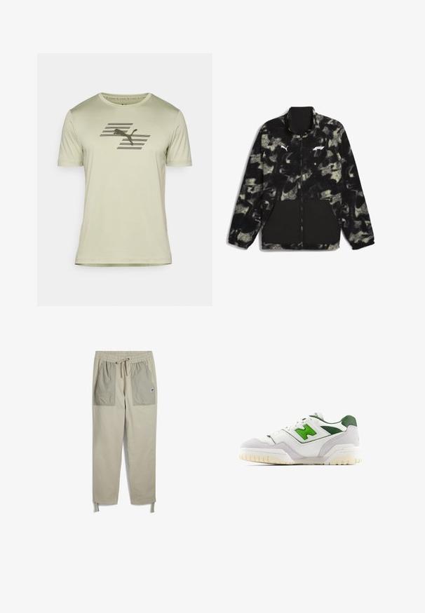 Puma F1 STATEMENT - REVERSIBLE - Fleecejakke - puma black aop; Lysegrøn kortærmet skjorte lavet af blødt stof, med et mørkt logo og design med vandrette striber på tværs af brystet.; Beige bukser med elastisk livbånd, snøre, to store forlommer i en lysere nuance og justerbare ankleremme.; Hvide sneakers med grønne accenter, lavet af læder og ruskind. Har en tekstureret overdel, polstret krave og en gummisål med synlige mønstre.