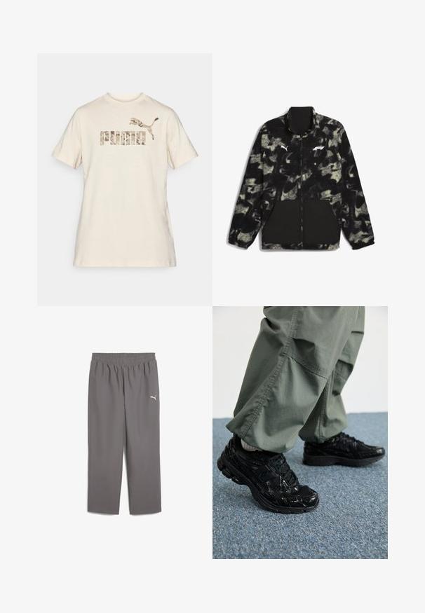 Puma F1 STATEMENT - REVERSIBLE - Fleecejakke - puma black aop; Cremefarvet bomulds T-shirt med korte ærmer og rund hals. Udstyret med et camouflage-mønster logo "PUMA" og et springende puma emblem trykt i dæmpede farver.; Grå atletiske bukser med elastisk talje, lavet af letvægtigt stof. Har et lille hvidt logo på venstre ben.; Sorte atletiske sneakers med blanke og mesh teksturer, der har en tyk sål og snørebånd, parret med løse olivengrønne cargo bukser.
