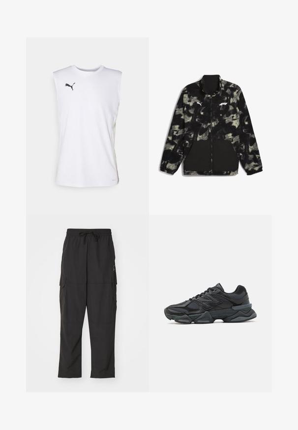 Puma F1 STATEMENT - REVERSIBLE - Giacca in pile - puma black aop; Maglietta sportiva bianca senza maniche con scollatura rotonda, in tessuto leggero, logo Puma nero sul petto e pannelli laterali in rete per traspirabilità.; Pantaloni cargo neri con cintura elastica e cordoncino. Presentano due tasche laterali e un tessuto morbido e leggero.; Scarpa da corsa nera con una combinazione di materiali in rete e sintetici, suola spessa, design curvo e marchio ben visibile sul lato.