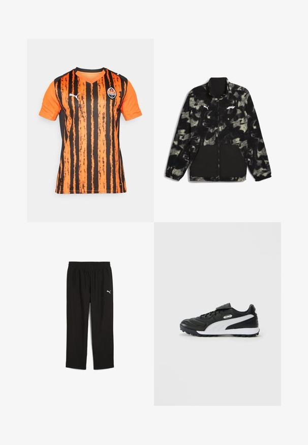 Puma F1 STATEMENT - REVERSIBLE - Flisinė striukė - puma black aop; Oranžinė ir juoda dryžuota futbolo marškinėliai su trumpomis rankovėmis, V-Formos iškirpte, su logotipu ant krūtinės ir Puma ženklu ant peties.; Juodos sportinės kelnės su elastinga juostele, pagamintos iš lengvos medžiagos. Kairėje pusėje yra mažas baltas Puma logotipas.; Juoda žemaūgė futbolo avalynė su balta šonine juostele, tekstūruota padu, raištelių priekiniu užsegimu ir Velcro užtrauktuku ant raištelių ant vientiso fono.