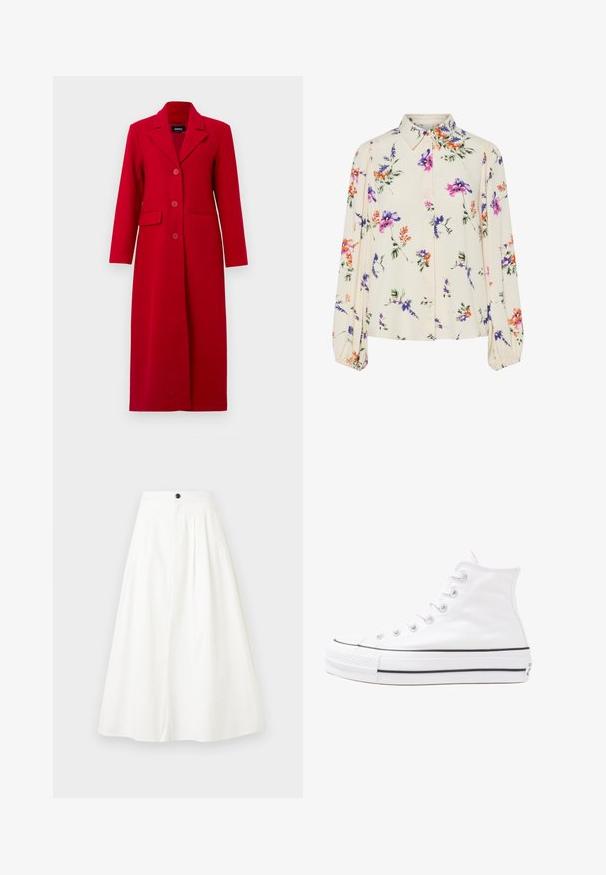 Dolga rdeča plašča s ovratnikom, tremi gumbi in dvema sprednjima žepoma. Narejen iz gladkega blaga, ima prilagojen kroj in raven silhueto.; Cvetna bluzica z dolgimi puff rokavi, svetlo smetanaste barve, s purpurnimi, oranžnimi in zelenimi cvetličnimi vzorci ter klasičnim ovratnikom.; Bela, A-line krila iz bombaža. Ima nabore, visok pas in en sam črn gumb za zapiranje spredaj. Gladko, teksturirano blago.; Beli visoki platneni športni čevelj z črnim gumijastim podplatom, sprednjim gumijastim zaščitnikom za prste in šestimi luknjicami za vezalke, ki se ponaša s preprostim, minimalističnim dizajnom.