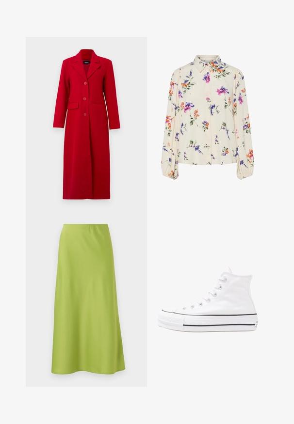 Pitkä punainen takki, jossa on kaulus, kolme nappia ja kaksi etutaskua. Valmistettu sileästä kankaasta, siinä on muotoiltu malli ja suora siluetti.; Kukkakuvioinen paita pitkillä puff-hihoilla, vaalean kerma pohja, jossa on violetteja, oransseja ja vihreitä kukkakuoseja sekä klassinen kaulustyyli.; Kesel panjang sedang terbuat dari kain hijau limau yang halus dan cerah. Memiliki desain sederhana yang dirancang rapi dengan pinggang elastis dan siluet mengalir.; Valkoiset korkeavartiset kangaskengät mustalla kumipohjalla, edessä kuminen varvasosa ja kuusi nauha-aukkoa, puhtaan minimalistisella muotoilulla.