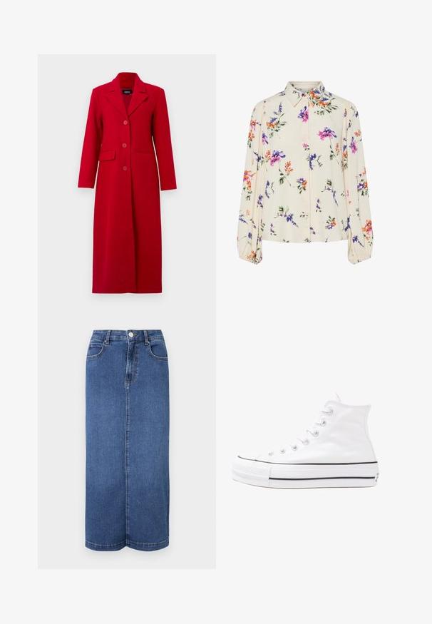 Hosszú piros kabát, gallérral, három gombbal és két elülső zsebbel. Simább szövetből készült, testre szabott fazonja és egyenes silhuettje van.; Virágmintás blúz hosszú puffos ujjakkal, világos krém alapon, lila, narancs és zöld virágmintázattal, klasszikus gallér dizájnnal.; Sötétkék farmer maxi szoknya, egyenes szabással, gombos derékrésszel és minimális varrási részletekkel.; Fehér magaskorsó vászon sportcipő fekete gumi talppal, elülső gumi orrnyereggel és hat fűzőlyukkal, letisztult, minimalista dizájnnal.